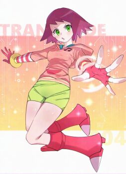 1girl :o blush boots breasts commentary_request fingerless_gloves floating full_body gloves green_eyes green_shorts hood hood_down hoodie looking_at_viewer mega_man_(series) mega_man_star_force_(series) open_mouth pink_boots pink_hoodie red_hair sakuraba_(cerisier_x) short_hair short_shorts shorts solo sonia_strumm_(mega_man)