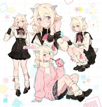 1girl accessories ahoge animal_ears blonde_hair blush body_fur braid bug butterfly commentary drinking drinking_straw earrings english_commentary full_body furry furry_female goat_ears goat_girl goat_horns goat_tail hair_between_eyes hair_over_shoulder highres holding holding_juice_box horns insect jewelry juice_box long_hair multiple_expressions multiple_views neckerchief original purple_eyes putting_on_earrings putting_on_jewelry red_pupils school_uniform side_braid simple_background single_braid sitting socks sui_(suizilla) sweater tail twitter_username variations white_socks