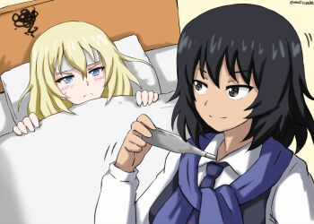 Rule 34 | 2girls, andou (girls und panzer), angry, bc freedom school uniform, black hair, blonde hair, blue eyes, blue sweater, blue vest, blush, brown eyes, closed mouth, collared shirt, dark-skinned female, dark skin, dress shirt, fever, girls und panzer, highres, holding, holding thermometer, jacket, long sleeves, medium hair, messy hair, multiple girls, necktie, omachi (slabco), on bed, oshida (girls und panzer), school uniform, shirt, simple background, smile, striped necktie, sweater, sweater around neck, thermometer, twitter username, two-tone necktie, vest, white background, white shirt