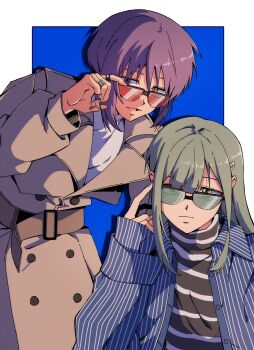 2girls absurdres alternate_costume bang_dream! bang_dream!_it's_mygo!!!!! bio_w5 black_shirt blue_jacket blurry blurry_background commentary_request fingernails glasses green_hair hair_ornament hairclip highres jacket jewelry korean_commentary long_hair long_sleeves looking_at_viewer multiple_girls multiple_rings open_clothes open_jacket pink_eyes purple_hair ring shirt short_hair simple_background striped_clothes striped_jacket striped_shirt sunglasses turtleneck upper_body vertical-striped_clothes vertical-striped_jacket wakaba_mutsumi white_shirt yellow_eyes yuutenji_nyamu