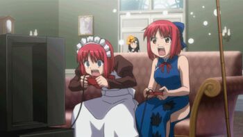 3girls animated animated_gif apron china_dress chinese_clothes controller dress game_console game_controller gamepad hair_ribbon hisui_(tsukihime) kohaku_(tsukihime) lowres maid maid_apron maid_headdress multiple_girls red_hair ribbon short_hair siblings sisters television tsukihime twins