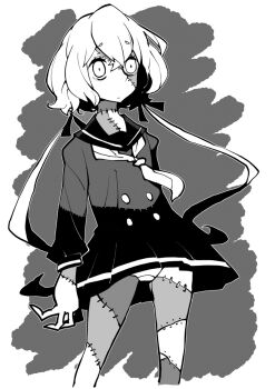 Rule 34 | 1girl, colored skin, constricted pupils, dowman sayman, dress, hair ribbon, highres, konno junko, low twintails, monochrome, multicolored skin, panties, pantyshot, ribbon, sailor dress, stitches, twintails, underwear, upskirt, zombie, zombie land saga