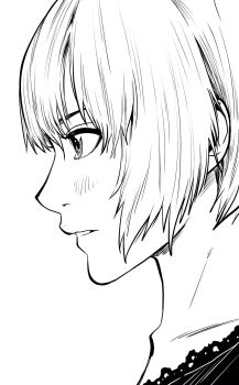 Rule 34 | 1girl, bob cut, close-up, commentary request, from side, hair ornament, hatching (texture), highres, lee (dragon garou), light blush, monochrome, original, parted lips, short hair, solo