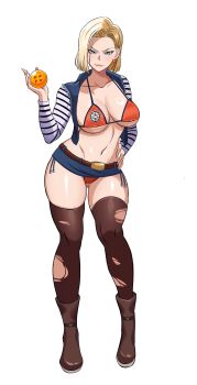 1girl absurdres android_18 blonde_hair blue_eyes blue_jacket blue_skirt bra breasts brown_shoes brown_thighhighs dragon_ball dragon_ball_(object) dragonball_z hand_on_own_hip highres jacket large_breasts looking_at_viewer microskirt open_clothes open_jacket orange_bra orange_panties panties shoes short_hair simple_background skirt smile smug solo standing thighhighs torn_clothes torn_thighhighs underwear white_background zuyu_(zuyuzuyu6)