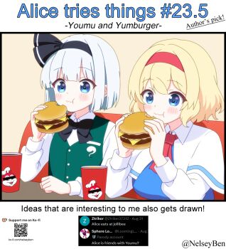 2girls alice_margatroid ascot bar_censor black_bow black_bowtie black_hairband blonde_hair blue_dress blue_eyes blush bnelsey bow bowtie burger capelet censored censored_identity chewing collared_shirt commentary dress eating english_commentary english_text food green_vest grey_hair hairband hitodama_print holding holding_burger holding_food jollibee jollibee_(mascot) ko-fi_logo konpaku_youmu long_sleeves multiple_girls qr_code red_ascot red_hairband request_inset screenshot_inset shirt touhou twitter_username vest watermark web_address white_capelet white_shirt