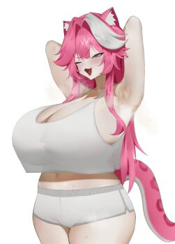1girl absurdres animal_ears armpits arms_up blush breasts collarbone commentary crop_top crop_top_overhang english_commentary fang hair_intakes highres hololive hololive_english huge_breasts long_hair multicolored_hair navel one_eye_closed open_mouth panther_ears panther_girl panther_tail pink_hair pink_lips pink_tail raora_panthera rieko_(kuusairieko) see-through_silhouette shorts simple_background smile solo steaming_body stomach streaked_hair sweat tail tank_top thighs tongue two-tone_hair virtual_youtuber white_background white_shorts white_tank_top yellow_eyes