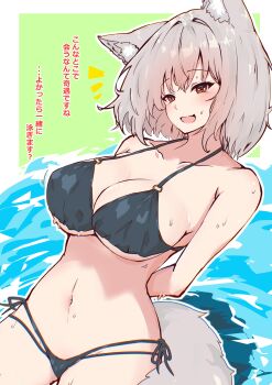 Rule 34 | 1girl, :d, animal ear fluff, animal ears, bare shoulders, bikini, black bikini, blue sky (user zgac4337), blush, breasts, cowboy shot, fang, halterneck, inubashiri momiji, large breasts, looking at viewer, navel, open mouth, red eyes, short hair, simple background, skin fang, smile, solo, standing, stomach, swimsuit, tail, water, wolf ears, wolf tail