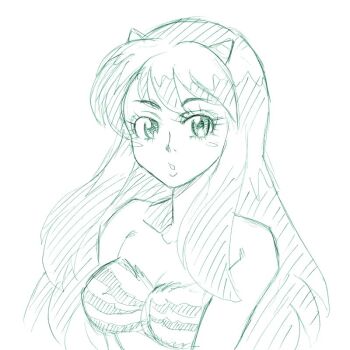 1girl animal_print bikini breasts horns long_hair lum medium_breasts oni open_mouth portrait rakshasa_(artist) simple_background solo swimsuit tiger_print urusei_yatsura white_background