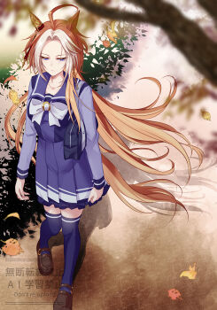 1girl animal_ears bag blue_eyes brown_shoes closed_mouth commentary_request day ear_covers from_above highres horse_ears horse_girl horse_tail leaf long_hair multicolored_hair orfevre_(umamusume) outdoors purple_shirt purple_skirt purple_thighhighs school_uniform shirt shoes shoulder_bag single_ear_cover skirt solo standing streaked_hair tail thighhighs tracen_school_uniform umamusume very_long_hair yue_(lov_n_n)