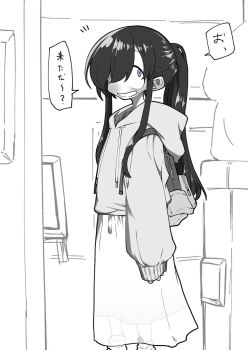 Rule 34 | 1girl, backpack, bag, commentary request, greyscale, hair over one eye, highres, hood, hoodie, long hair, looking at viewer, monochrome, nezumizawa mitarashi, original, ponytail, shoulder bag, sleeves past wrists, smile, solo, standing