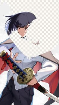 2girls araya_(project_moon) black_hair coat coat_on_shoulders commentary english_commentary highres holding holding_sword holding_weapon hug katana limbus_company multiple_girls project_moon red_eyes ryoshu_(project_moon) shirt short_hair simple_background sskai sword weapon white_background white_shirt