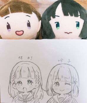 Rule 34 | 2girls, :d, ;), blunt bangs, blunt ends, blush, bob cut, braid, center-flap bangs, character doll, character name, commentary, doll, flower, flower knot, graphite (medium), greyscale, hair flower, hair ornament, hasu no sora school uniform, highres, kachimachi kosuzu, link! like! love live!, looking at viewer, love live!, medium hair, momose ginko, monochrome, multiple girls, neckerchief, one eye closed, open mouth, photo (medium), sailor collar, school uniform, sega lucky lottery mascot doll, side braids, smile, traditional media, virtual youtuber, wataame. (rubytan 25), winter uniform