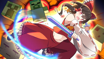 1girl ascot bow brown_hair commentary_request creeper crossover detached_sleeves dual_wielding e.o. explosion fighting frilled_bow frilled_hair_tubes frilled_skirt frills ghast hair_bow hair_tubes hakurei_reimu holding long_hair midriff minecraft minecraft_sword navel open_mouth red_bow red_eyes red_skirt ribbon-trimmed_sleeves ribbon_trim skirt skirt_set slashing sword touhou weapon yellow_ascot