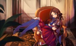 Rule 34 | 1girl, black bow, blue eyes, blue gloves, blue pantyhose, bow, brown hair, carpet, commentary, dress, elun (elun 00), fate/grand order, fate (series), gloves, hair bow, hand to own mouth, highres, indoors, legs, leonardo da vinci (fate), leonardo da vinci (fate/grand order), leonardo da vinci (rider) (fate), long hair, looking at viewer, no shoes, on chair, pantyhose, parted bangs, plant, puff and slash sleeves, puffy short sleeves, puffy sleeves, red dress, short sleeves, sitting, smile, solo