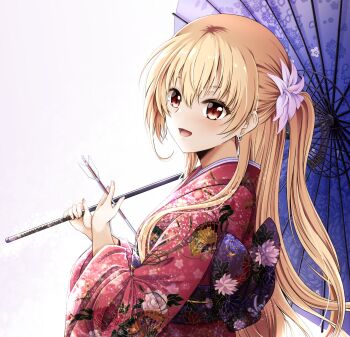 Rule 34 | 1girl, alisa reinford, arrow (projectile), blonde hair, eiyuu densetsu, floral print, floral print kimono, hair ornament, highres, japanese clothes, kagura yuuto, kimono, long hair, looking at viewer, obi, oil-paper umbrella, one side up, open mouth, print kimono, red eyes, sash, sen no kiseki, sen no kiseki (series), sen no kiseki iii, sen no kiseki iv, simple background, smile, solo, umbrella, white background