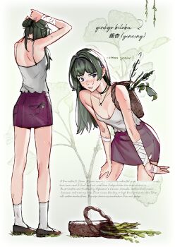 1girl absurdres bandaged_hand bandaged_wrist bandages bare_shoulders basket beads black_shoes blue_eyes breasts camisole cleavage cowboy_shot english_text facing_viewer freckles full_body ginkgo_leaf green_hair hair_beads hair_ornament hands_in_own_hair highres kusuriya_no_hitorigoto leaf leaning_forward maomao_(kusuriya_no_hitorigoto) medium_breasts miniskirt multiple_views parted_lips pink_skirt scar scar_on_arm shoes skirt socks solo sweat vvvimint white_camisole white_socks