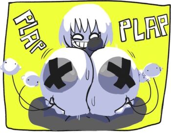 1boy 1girl areola_slip bad_id bad_twitter_id black_border blush_stickers border breasts colored_skin cross cross_pasties hetero huge_breasts lowres navel off_(game) pasties penis pov short_hair sound_effects spurhuns straight-on sugar_(off) sweat teeth white_skin yellow_background