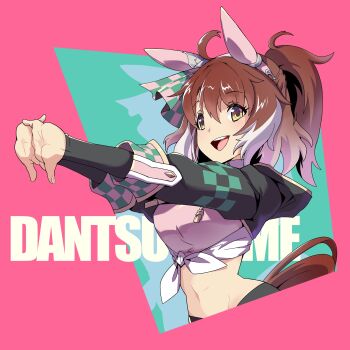 1girl absurdres ahoge animal_ears black_leggings black_shrug blush bow breasts brown_eyes brown_hair checkered_ribbon commentary_request dantsu_flame_(center_spotlight)_(umamusume) dantsu_flame_(umamusume) dokuma3 ear_covers ear_ribbon hair_between_eyes highres horse_ears horse_girl horse_tail leggings medium_breasts midriff multicolored_hair navel open_mouth pink_hair pink_shirt shirt shrug_(clothing) smile solo stretching tail tied_shirt umamusume white_hair white_shirt