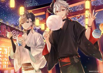 2boys aerial_fireworks ahoge amaichi_esora bat_earrings belt black_belt black_choker black_kimono black_shirt bracelet braid braided_bangs brown_hair cat_mask choker copyright_notice cotton_candy dutch_angle ear_piercing earclip earrings eating fingernails fireworks fish_earrings food fox_mask grey_eyes grin hair_between_eyes half_updo holding holding_cotton_candy holding_food holding_spoon japanese_clothes jewelry kanae_(nijisanji) kikkoumon kimono kuzuha_(nijisanji) lantern long_sleeves looking_at_viewer male_focus mask mask_on_head medium_hair mole mole_under_eye multiple_boys night nijisanji obijime official_art piercing pointy_ears red_eyes sayagata sharp_fingernails shaved_ice shirt shooting_gallery short_hair single_earring sleeves_past_wrists smile spoon summer_festival tassel tassel_earrings torii turtleneck upper_body virtual_youtuber water_yoyo white_hair white_kimono yukata