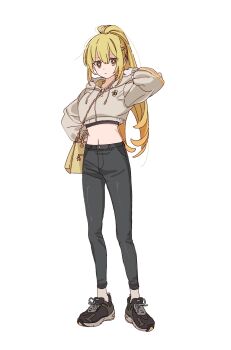1girl alternate_costume bag bee_print black_pants black_shoes blonde_hair brown_eyes brown_hoodie casual closed_mouth cropped_hoodie full_body g47556255 gloves handbag highres hood hoodie long_hair long_sleeves looking_at_viewer midriff pants ponytail print_hoodie shoes shokuhou_misaki sneakers star-shaped_pupils star_(symbol) symbol-shaped_pupils toaru_kagaku_no_mental_out toaru_kagaku_no_railgun toaru_majutsu_no_index very_long_hair white_background white_gloves