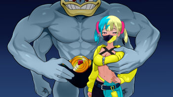1girl absurdres aqua_hair black_mask blonde_hair canari_(pokemon) criss-cross_halter crop_top extra_arms gen_1_pokemon halterneck highres jacket machamp mask midriff mouth_mask multicolored_hair muscular navel nintendo pokemon pokemon_(creature) pokemon_legends:_z-a short_twintails smile split-color_hair twintails two-tone_hair two-tone_mask unsaltyfish0120 yellow_jacket yellow_mask