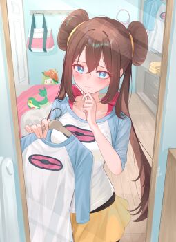 2girls absurdres bed bedroom black_pantyhose blue_eyes blush breasts brown_hair closed_mouth clothes_hanger collarbone colored_skin commentary_request donut_hair_bun double_bun flower gen_5_pokemon green_hair hair_bun hand_on_own_chin highres holding holding_clothes_hanger lilligant long_hair mirror monster_girl multiple_girls nintendo pantyhose pantyhose_under_shorts plant_girl poke_ball_print pokemon pokemon_(creature) pokemon_bw2 raglan_sleeves red_eyes reflection revvie rosa_(pokemon) shirt shorts snivy twintails visor_cap yellow_shorts