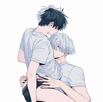 2boys black_hair black_male_underwear blue_eyes boxers commentary lemonmelon00 looking_at_another male_focus male_underwear multicolored_hair multiple_boys sakura_haruka_(wind_breaker) shirt short_hair simple_background split-color_hair thighs two-tone_hair umemiya_hajime underwear white_background white_hair white_shirt wind_breaker_(nii_satoru) yaoi