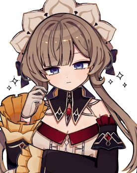 bare_shoulders blank_stare blue_eyes breasts brown_hair cleavage detached_sleeves genshin_impact gloves highres long_bangs long_hair looking_at_viewer maid_headdress ochatenchan sandrone_(genshin_impact) solo sparkle white_gloves