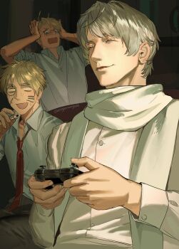 3boys absurdres ahoge america_(hetalia) artist_name axis_powers_hetalia black-framed_eyewear black_pants blank_eyes blonde_hair blue_eyes buttons cabinet closed_eyes closed_mouth commentary controller couch english_commentary fingernails game_controller glasses grey_hair hand_up hands_on_own_head hands_up highres holding holding_controller holding_game_controller holding_marker lips long_sleeves looking_at_another male_focus marker multiple_boys necktie on_couch open_mouth pants playing_games puffy_long_sleeves puffy_sleeves red_necktie russia_(hetalia) scarf semi-rimless_eyewear shirt short_hair sitting sleeves_rolled_up smile sweat united_kingdom_(hetalia) upper_body v-shaped_eyebrows white_scarf white_shirt zhongerweiyuan