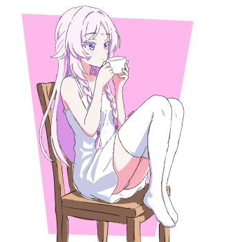 Rule 34 | 1girl, absurdres, alternate costume, angelo400, blue eyes, blush, braid, chair, citlali (genshin impact), cup, dress, facial mark, facing away, feet on chair, genshin impact, highres, holding, holding cup, long hair, no shoes, panties, pantyshot, pink hair, signature, solo, thighhighs, underwear, white dress, white thighhighs