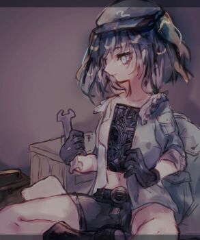 1girl black_gloves black_shorts blue_bag blue_eyes blue_hair blue_hat blue_shirt closed_mouth commentary_request feet_out_of_frame gears gloves grey_background hat holding holding_wrench kawashiro_nitori newsboy_cap one-hour_drawing_challenge open_clothes open_shirt shinjitsu_no_kuchi shirt short_hair shorts smile solo toolbox touhou wrench
