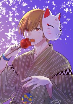 Rule 34 | 1boy, 2023, alternate costume, backlighting, blue background, brown hair, candy apple, commentary, dated, eating, food, fox mask, gradient background, grey kimono, highres, holding, holding candy apple, holding food, japanese clothes, kimono, little busters!, long sleeves, looking at viewer, male focus, mask, mask on head, misaki juri, natsume kyousuke, open mouth, purple background, red eyes, short hair, simple background, solo, teeth, upper body, water yoyo, wide sleeves