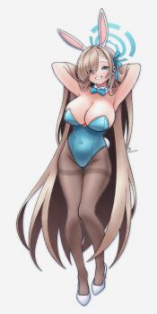 Rule 34 | 1girl, absurdres, animal ear hairband, animal ears, antilerhour, arms behind head, asuna (blue archive), asuna (bunny) (blue archive), bare shoulders, black pantyhose, blonde hair, blue archive, blue bow, blue bowtie, blue eyes, blue halo, blue leotard, bow, bowtie, breasts, cleavage, detached collar, fake animal ears, fake tail, full body, grin, hair over one eye, hair ribbon, hairband, halo, highleg, highleg leotard, highres, large breasts, leotard, long hair, looking at viewer, mole, mole on breast, pantyhose, rabbit ear hairband, rabbit ears, rabbit tail, ribbon, smile, solo, strapless, strapless leotard, tail, thighband pantyhose, very long hair, white background