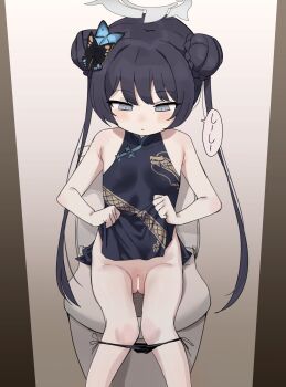 1girl bar_censor bare_shoulders black_dress black_hair black_panties blue_archive blush braid braided_bun breasts butterfly_hair_ornament censored china_dress chinese_clothes closed_mouth clothes_lift double_bun dragon_print dress dress_lift grey_eyes hair_bun hair_ornament halo kisaki_(blue_archive) lifting_own_clothes loli long_hair panties panty_pull print_dress pussy renoana side-tie_panties sitting sleeveless sleeveless_dress small_breasts solo speech_bubble toilet toilet_use twintails underwear voyeur_pov