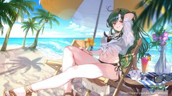 Rule 34 | 1girl, ahoge, beach, beach chair, bikini, black bikini, blue sky, blush, cat, glass, green hair, hand in own hair, highres, indie virtual youtuber, kokko (kokko3045), long hair, looking at viewer, mochahyeong, navel, parasol, pinwheel, red eyes, see-through clothes, see-through shirt, shirt, sky, smile, stomach, swimsuit, tied shirt, umbrella, virtual youtuber