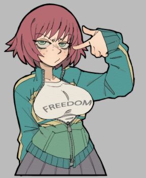 1girl :/ breasts clothes_writing commentary freckles green_eyes green_jacket highres jacket kim_pine large_breasts medium_hair pantsu-ripper partially_unbuttoned pleated_skirt red_hair scott_pilgrim_(series) skirt sleeves_past_wrists solo upper_body