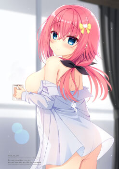 1girl ass back bare_shoulders black_bow blue_eyes blurry blurry_background blush borrowed_clothes bow boyfriend's_shirt breasts cat_hair_ornament clip_studio_paint_(medium) closed_mouth coffee coffee_mug collared_shirt commentary_request cowboy_shot crossed_bangs cup dress_shirt drinking_glass from_behind hair_between_eyes hair_bow hair_ornament hair_over_shoulder hamidashi_creative hand_up highres holding holding_cup indoors large_breasts long_hair long_sleeves looking_at_viewer looking_back low_twintails making-of_available morning morning_after mug naked_shirt nanatsu_(na_na_tsu) open_clothes open_shirt partial_commentary pink_hair see-through_clothes see-through_shirt shirt shirt_partially_removed sideboob sidelocks smile solo split_mouth tokiwa_kano twintails white_shirt window yellow_bow
