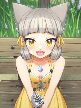 1girl alten animal_ear_fluff animal_ears blunt_bangs blush breasts cat_ears chest_jewel dress_swimsuit fangs female_focus highres loli looking_at_viewer nia_(fancy_sundress)_(xenoblade) nia_(xenoblade) one-piece_swimsuit open_mouth outdoors short_hair small_breasts smile solo swimsuit teeth tongue xenoblade_chronicles_(series) xenoblade_chronicles_2 yellow_eyes yellow_one-piece_swimsuit