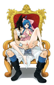 Rule 34 | 1boy, 1girl, ahoge, ass, bad id, bad pixiv id, barefoot, black hair, blue hair, bow, boxers, censored, couple, dragon quest, dragon quest v, feet, flora (dq5), hair bow, hero (dq5), hetero, hidaka ryou, jewelry, male underwear, manly, mosaic censoring, penis, pink bow, sex, spread legs, striped, throne, underwear, vaginal