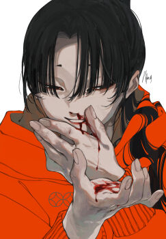 Rule 34 | 1boy, black hair, blood, blood on hands, commentary, highres, jacket, long hair, long sleeves, male focus, nosebleed, orange jacket, original, shimizu en (shimizuen3310), signature, solo, upper body, white background