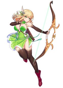 1girl armpit_crease armpits arrow_(projectile) blonde_hair blue_string boots bow_(weapon) breasts brown_thighhighs center_opening cleavage collar dot_nose dress elbow_gloves elf elin_(lost_sword) feather_hair_ornament feathers fingerless_gloves floating_clothes full_body game_cg gem gloves green_collar green_dress green_eyes green_gem green_ribbon hair_ornament highres holding holding_bow_(weapon) holding_weapon large_breasts light_smile looking_to_the_side lost_sword:_tales_of_britania medium_hair no_bra no_panties o-ring official_art pointy_ears quiver recurve_bow red_boots ribbon short_dress side_slit sideboob solo standing standing_on_one_leg strap thighhighs third-party_source transparent_background weapon zettai_ryouiki