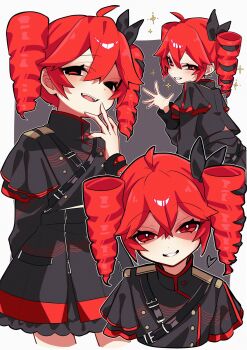 1girl ahoge alternate_color black_bow black_jacket black_skirt bow buttons chest_belt cropped_legs drill_hair grin hair_between_eyes hair_bow hand_up heart highres jacket kasane_teto kasane_teto_(sv) looking_at_viewer multiple_views open_mouth outside_border red_eyes red_hair shigure_(rinky_creater) skirt smile smug synthesizer_v twin_drills