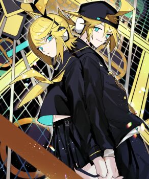 1boy 1girl back-to-back backwards_hat black_jacket black_serafuku blonde_hair blue_eyes brother_and_sister chain commentary_request hat headphones highres holding_hands hood hooded_jacket interlocked_fingers jacket kagamine_len kagamine_rin miniskirt pleated_skirt rettou_joutou_(vocaloid) school_uniform serafuku short_hair siblings skirt smile soyaka textless_version twins vocaloid