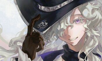 Rule 34 | 1girl, adjusting clothes, adjusting headwear, black hat, brown gloves, curly hair, gloves, grin, hair over one eye, hand on headwear, hand up, hat, highres, looking at viewer, mole, mole under mouth, official alternate costume, one eye covered, portrait, purple eyes, reverse:1999, smile, solo, teeth, white background, white hair, windsong (reverse:1999), yongwu leyuan