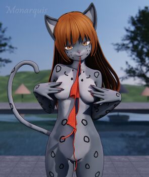 1girl 3d absurdres artist_name breasts cat commentary english_commentary furry furry_female highres leopard leopard_girl medium_breasts momo_(monarquis) monarquis non-web_source nude original outdoors pool self-upload snow_leopard solo watermark