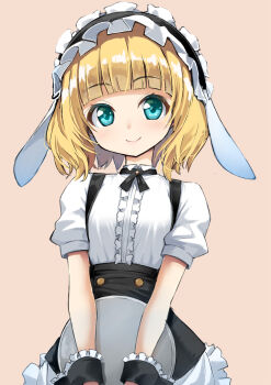 Rule 34 | 1girl, animal ear hairband, animal ears, apron, black bodice, black cross tie, black hairband, blonde hair, blue eyes, blunt bangs, bodice, center frills, closed mouth, commentary request, cross tie, fake animal ears, fleur de lapin uniform, frilled apron, frilled hairband, frilled shirt, frilled wrist cuffs, frills, gochuumon wa usagi desu ka?, hairband, highres, holding, holding tray, kintarou (kintarou's room), kirima syaro, lolita hairband, looking at viewer, lop rabbit ears, maid, making-of available, pink background, puffy short sleeves, puffy sleeves, rabbit ear hairband, rabbit ears, raised eyebrows, shirt, short hair, short sleeves, simple background, smile, solo, straight-on, suspenders, tray, underbust, upper body, v arms, waist apron, waitress, wavy hair, white apron, white shirt, wrist cuffs