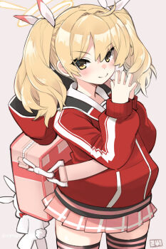 >:) 1girl backpack bag black_thighhighs blonde_hair blue_archive blush closed_mouth commentary_request cowboy_shot eyes_visible_through_hair fujii_jun grey_background hair_between_eyes hair_ribbon halo hands_up highres hood hood_down hooded_jacket jacket long_hair long_sleeves looking_at_viewer miniskirt own_hands_together pink_skirt plaid_clothes plaid_skirt pleated_skirt puffy_long_sleeves puffy_sleeves red_jacket ribbon school_uniform sidelocks simple_background skirt smile solo split_mouth steepled_fingers stuffed_animal stuffed_rabbit stuffed_toy thighhighs track_jacket twintails v-shaped_eyebrows white_ribbon yellow_eyes yellow_halo yoshimi_(blue_archive) zettai_ryouiki