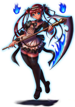 Rule 34 | airi (queen's blade), blue eyes, boken fantasy, breasts, fire, highres, long hair, maid, maid headdress, queen's blade, red hair, ribbon, scythe, thighhighs, twintails