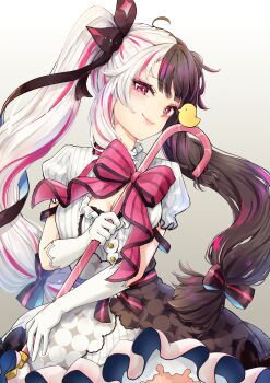 1girl absurdres ahoge baby_animal bird bow breasts brown_bow brown_hair buttons cane chick cleavage closed_mouth commentary_request cowboy_shot dress elbow_gloves frilled_dress frills funyariko gloves gradient_background grey_background hair_bow hair_flaps highres holding holding_cane large_bow long_hair long_sidelocks looking_at_viewer low-tied_long_hair low-tied_sidelocks medium_breasts multicolored_hair multiple_hair_bows nijisanji pink_bow pink_eyes pink_lips pink_streaks pinstripe_dress pinstripe_pattern puffy_short_sleeves puffy_sleeves short_dress short_sleeves sidelocks simple_background smile solo split-color_hair streaked_hair striped_bow twintails two-handed very_long_hair virtual_youtuber white_dress white_gloves white_hair yorumi_rena yorumi_rena_(1st_costume)
