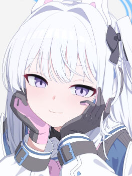 1girl absurdres aikawa_yuduki animal_ears black_gloves blue_archive blue_shirt blush closed_mouth commentary_request fake_animal_ears gloves hair_intakes hands_on_own_cheeks hands_on_own_face head_rest highres long_hair miyako_(blue_archive) multicolored_gloves neckerchief pink_gloves pink_neckerchief portrait purple_eyes rabbit_ears sailor_collar shirt simple_background smile solo two-tone_gloves white_background white_hair white_sailor_collar